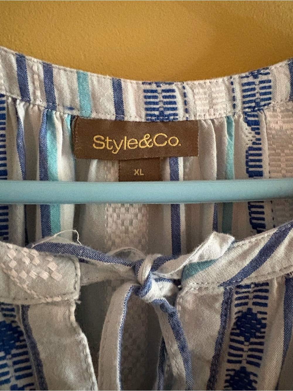 Cute swingy cotton tiered summer dress. Blues and stripes, tie tassel neck. - Picture 3 of 8